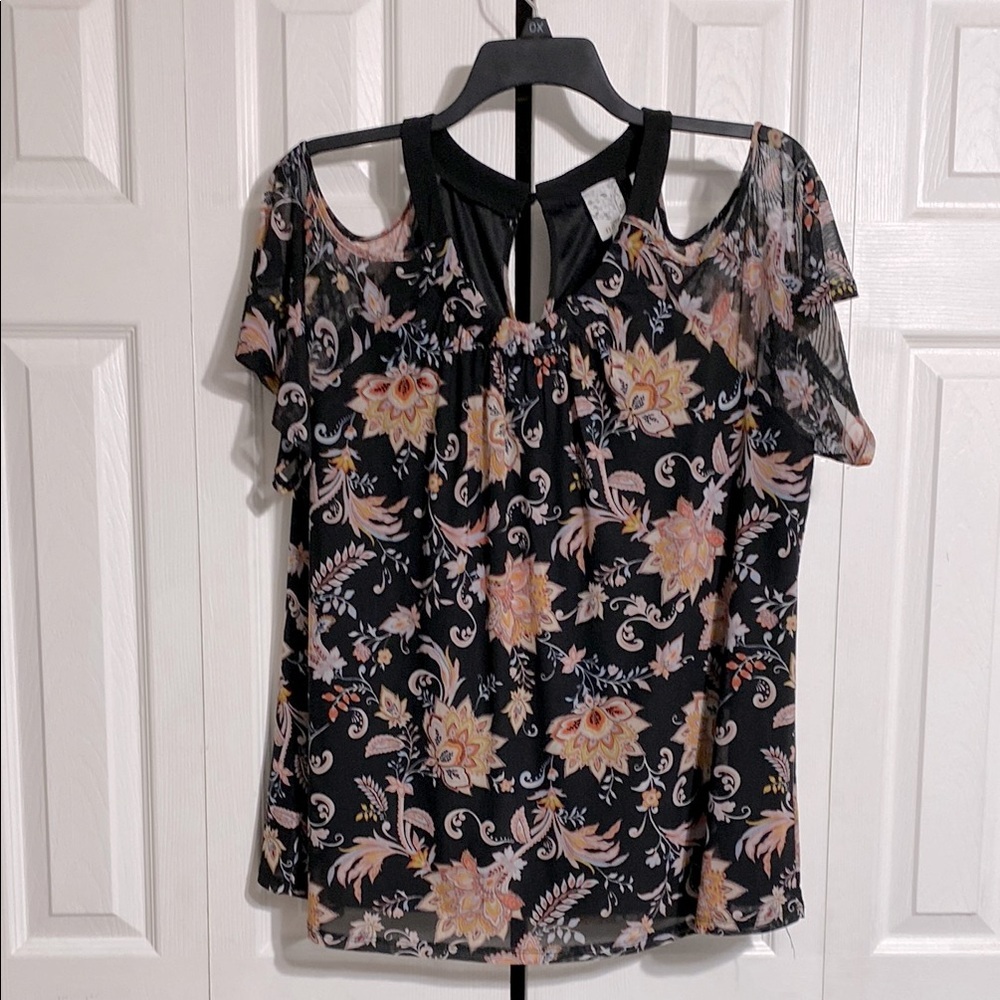 Naif black floral lined open shoulder top shirt blouse size 2X